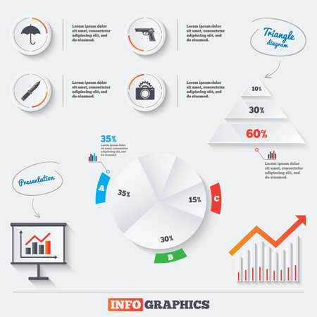 Pyramid chart with three options. Gun weapon icon.Knife, umbrella and photo camera with flash signs. Edged hunting equipment. Prohibition objects. Infographic background with pie chart and demand curve. Vectorのイラスト素材