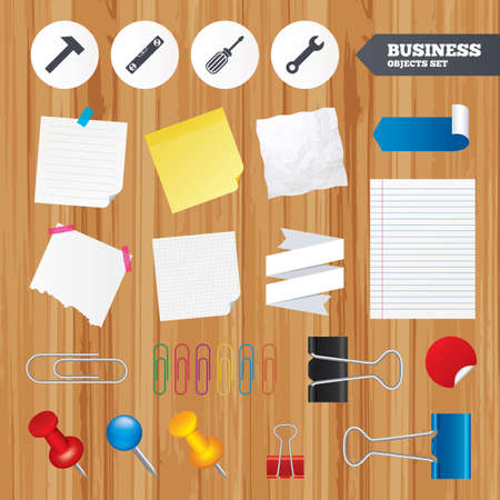Paper sheets. Office business stickers, pin, clip. Screwdriver and wrench key tool icons. Bubble level and hammer sign symbols. Squared, lined pages. Vectorのイラスト素材