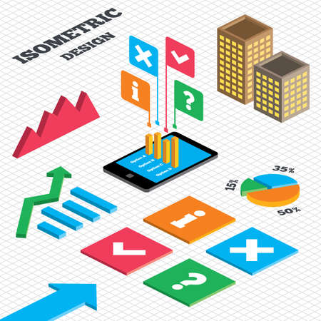 Isometric design. Graph and pie chart. Information icons. Delete and question FAQ mark signs. Approved check mark symbol. Tall city buildings with windows. Vectorのイラスト素材