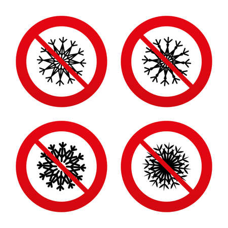 No, Ban or Stop signs. Snowflakes artistic icons. Air conditioning signs. Christmas and New year winter symbols. Prohibition forbidden red symbols. Vectorのイラスト素材