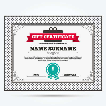 Gift certificate. Glass of champagne sign icon. Sparkling wine. Celebration or banquet alcohol drink symbol. Template with vintage patterns. Vectorのイラスト素材