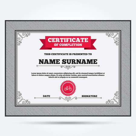 Certificate of completion. Bicycle sign icon. Eco delivery. Family vehicle symbol. Template with vintage patterns. Vectorのイラスト素材