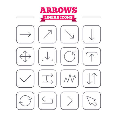 Arrows linear icons set. Download, refresh and fullscreen symbols. Upload, check ot tick and shuffle thin outline signs. Cursor arrow. Flat square vectorのイラスト素材