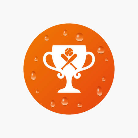 Water drops on button. Baseball bats and ball sign icon. Sport hit equipment symbol. Winner award cup. Realistic pure raindrops. Orange circle. Vectorのイラスト素材