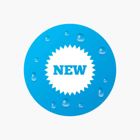 Water drops on button. New sign icon. New arrival star symbol. Realistic pure raindrops. Blue circle. Vectorのイラスト素材