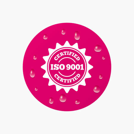 Water drops on button. ISO 9001 certified sign icon. Certification star stamp. Realistic pure raindrops. Pink circle. Vectorのイラスト素材