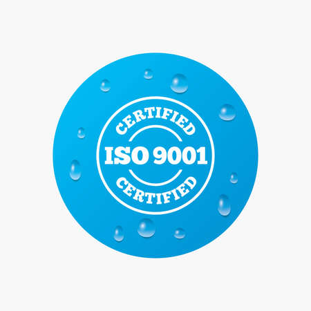 Water drops on button. ISO 9001 certified sign icon. Certification stamp. Realistic pure raindrops. Blue circle. Vectorのイラスト素材