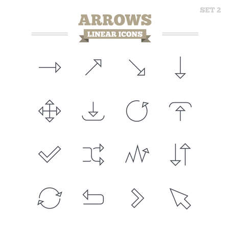 Arrows linear icons set. Download, refresh and fullscreen symbols. Upload, check ot tick and shuffle thin outline signs. Cursor arrow. Flat vectorのイラスト素材