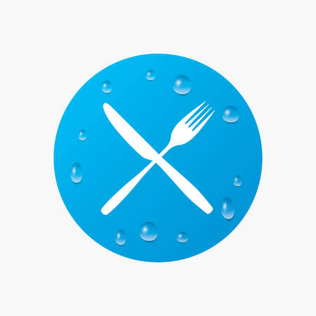 Water drops on button. Eat sign icon. Cutlery symbol. Fork and knife crosswise. Realistic pure raindrops. Blue circle. Vectorのイラスト素材