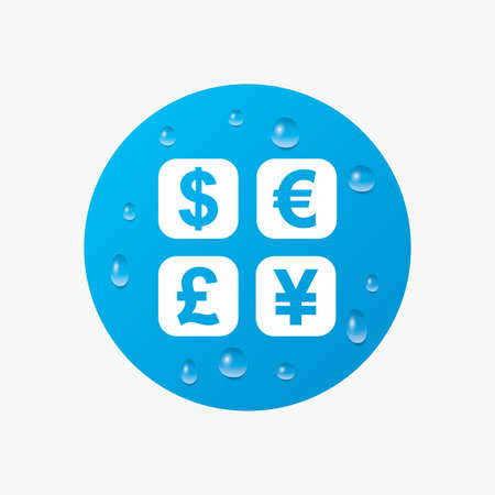 Water drops on button. Currency exchange sign icon. Currency converter symbol. Money label. Realistic pure raindrops. Blue circle. Vectorのイラスト素材
