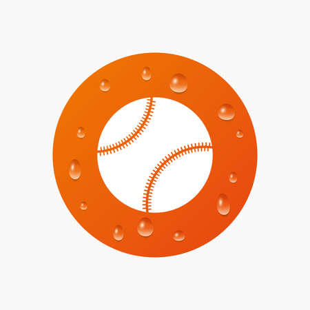 Water drops on button. Baseball ball sign icon. Sport symbol. Realistic pure raindrops. Orange circle. Vectorのイラスト素材