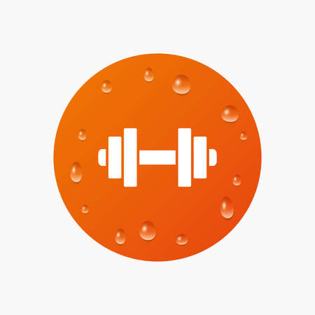 Water drops on button. Dumbbell sign icon. Fitness symbol. Realistic pure raindrops. Orange circle. Vectorのイラスト素材