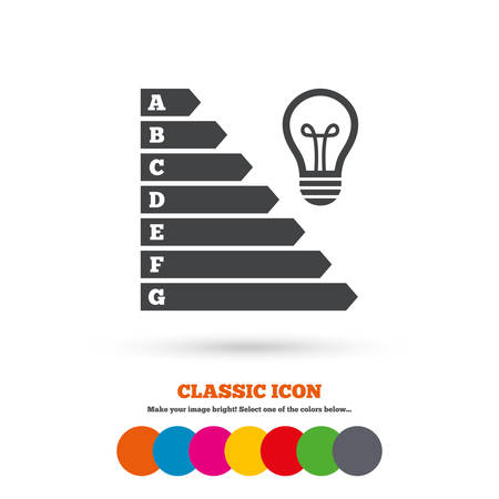 Energy efficiency icon. Electricity consumption symbol. Idea lamp sign. Classic flat icon. Colored circles. Vectorのイラスト素材