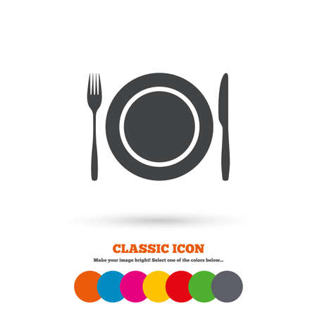 Plate dish with fork and knife. Eat sign icon. Cutlery etiquette rules symbol. Classic flat icon. Colored circles. Vectorのイラスト素材