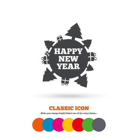 Happy new year globe sign icon. Gifts and trees symbol. Full rotation 360. Classic flat icon. Colored circles. Vectorのイラスト素材