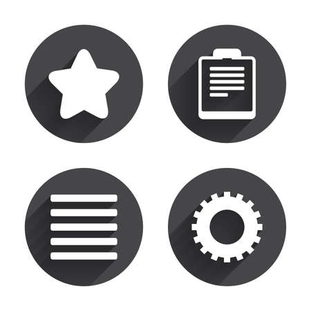 Star favorite and menu list icons. Checklist and cogwheel gear sign symbols. Circles buttons with long flat shadow. Vectorのイラスト素材