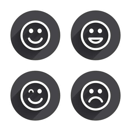 Smile icons. Happy, sad and wink faces symbol. Laughing lol smiley signs. Circles buttons with long flat shadow. Vectorのイラスト素材