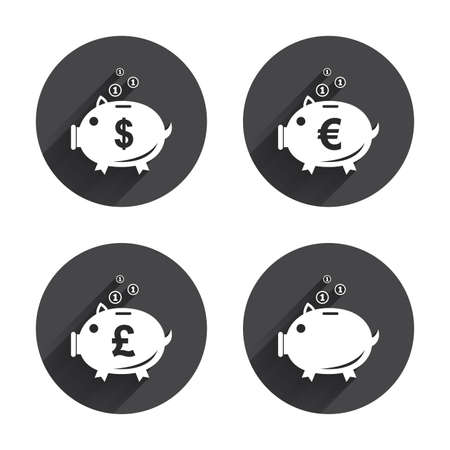 Piggy bank icons. Dollar, Euro and Pound moneybox signs. Cash coin money symbols. Circles buttons with long flat shadow. Vectorのイラスト素材