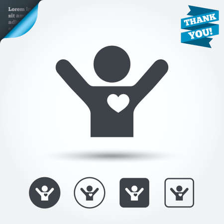 Fans love icon. Man raised hands up sign. Circle and square buttons. Flat design set. Thank you ribbon. Vectorのイラスト素材