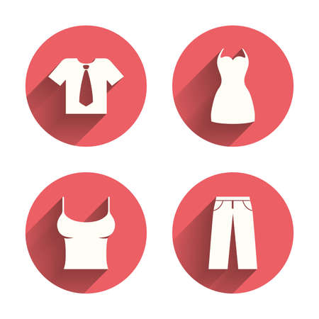 Clothes icons. T-shirt with business tie and pants signs. Women dress symbol. Pink circles flat buttons with shadow. Vectorのイラスト素材