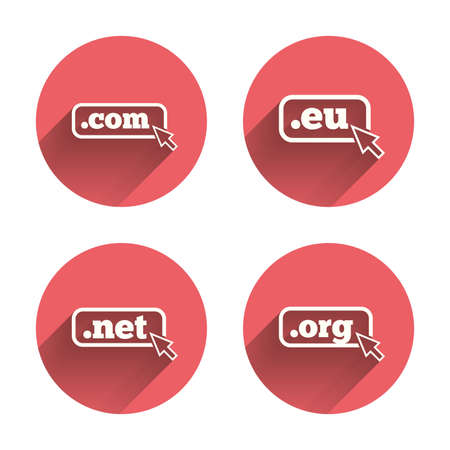 Top-level internet domain icons. Com, Eu, Net and Org symbols with cursor pointer. Unique DNS names. Pink circles flat buttons with shadow. Vectorのイラスト素材