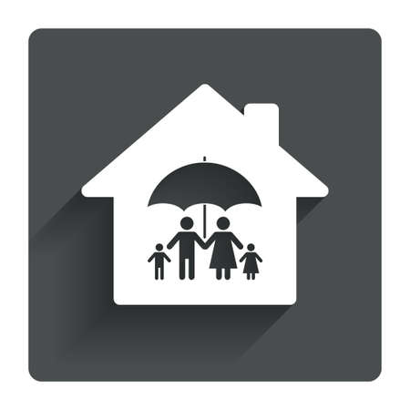 Complete family home insurance sign icon. Umbrella symbol. Gray flat square button with shadow. Modern UI website navigation. Vectorのイラスト素材