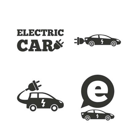 Electric car icons. Sedan and Hatchback transport symbols. Eco fuel vehicles signs. Flat icons on white. Vectorのイラスト素材