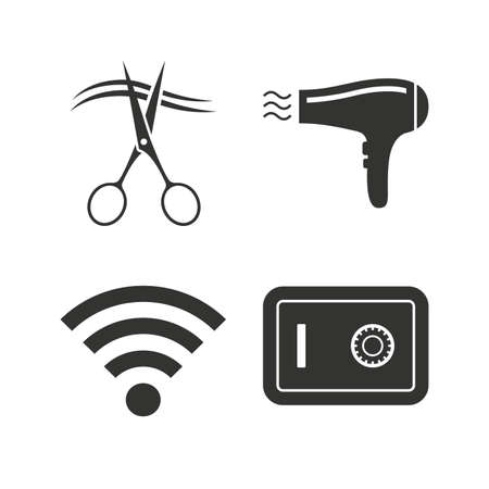 Hotel services icons. Wi-fi, Hairdryer and deposit lock in room signs. Wireless Network. Hairdresser or barbershop symbol. Flat icons on white. Vectorのイラスト素材