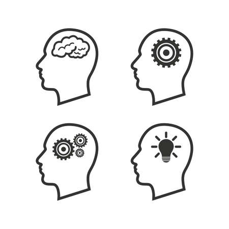 Head with brain and idea lamp bulb icons. Male human think symbols. Cogwheel gears signs. Flat icons on white. Vectorのイラスト素材