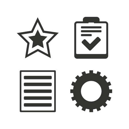 Star favorite and menu list icons. Checklist and cogwheel gear sign symbols. Flat icons on white. Vectorのイラスト素材