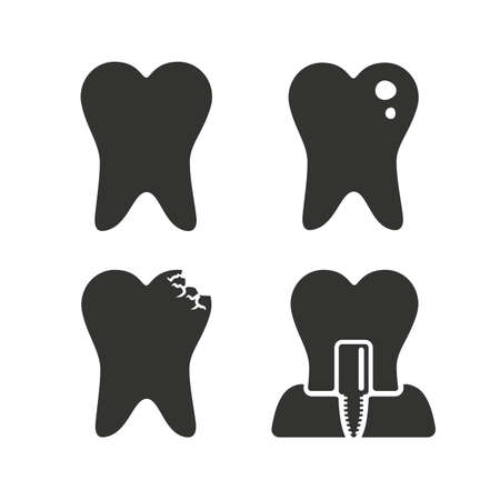 Dental care icons. Caries tooth sign. Tooth endosseous implant symbol. Flat icons on white. Vectorのイラスト素材