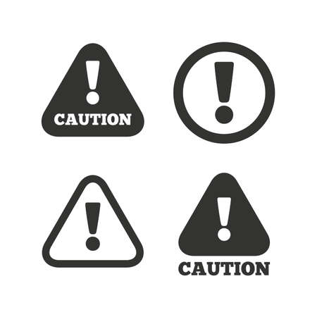 Attention caution icons. Hazard warning symbols. Exclamation sign. Flat icons on white. Vectorのイラスト素材