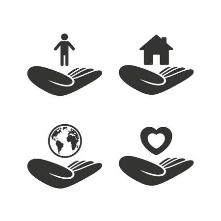 Helping hands icons. Heart health and travel trip insurance symbols. Home house or real estate sign. Flat icons on white. Vectorのイラスト素材