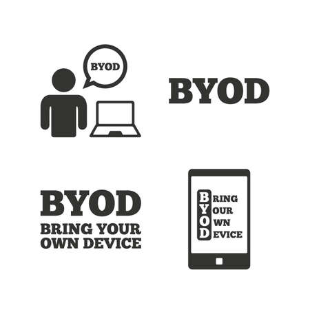 BYOD icons. Human with notebook and smartphone signs. Speech bubble symbol. Flat icons on white. Vectorのイラスト素材
