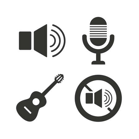 Musical elements icons. Microphone and Sound speaker symbols. No Sound and acoustic guitar signs. Flat icons on white. Vectorのイラスト素材