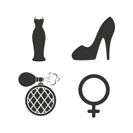 Wedding dress icon. Women shoe sign. Perfume glamour fragrance symbol. Flat icons on white. Vectorのイラスト素材