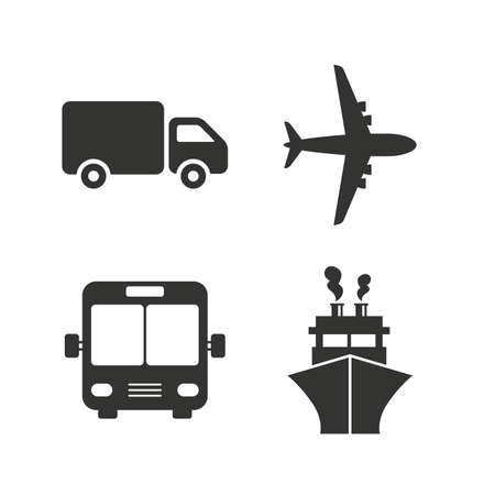 Transport icons. Truck, Airplane, Public bus and Ship signs. Shipping delivery symbol. Air mail delivery sign. Flat icons on white. Vectorのイラスト素材