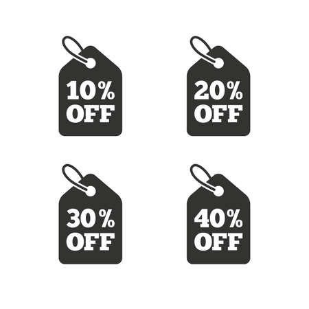 Sale price tag icons. Discount special offer symbols. 10%, 20%, 30% and 40% percent off signs. Flat icons on white. Vectorのイラスト素材