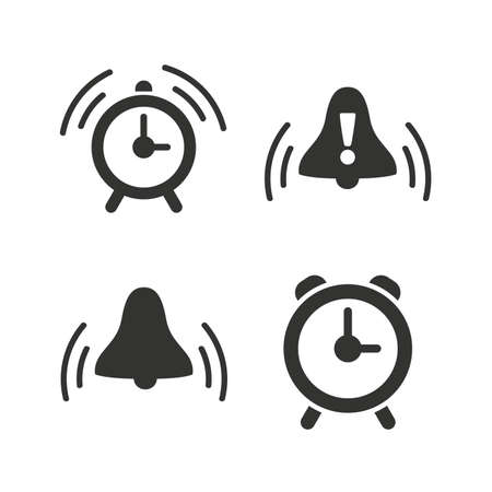 Alarm clock icons. Wake up bell signs symbols. Exclamation mark. Flat icons on white. Vectorのイラスト素材