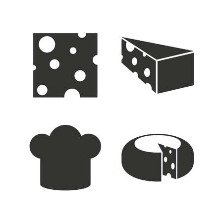 Cheese icons. Round cheese wheel sign. Sliced food with chief hat symbols. Flat icons on white. Vectorのイラスト素材