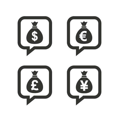Money bag icons. Dollar, Euro, Pound and Yen speech bubbles symbols. USD, EUR, GBP and JPY currency signs. Flat icons on white. Vectorのイラスト素材