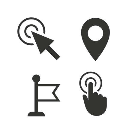 Mouse cursor icon. Hand or Flag pointer symbols. Map location marker sign. Flat icons on white. Vectorのイラスト素材