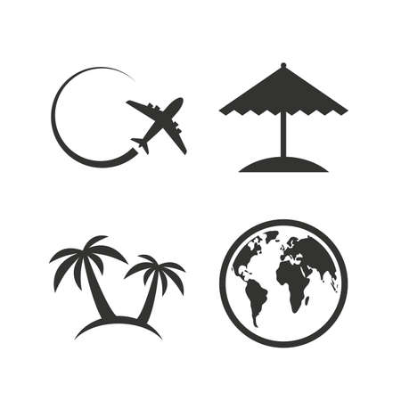 Travel trip icon. Airplane, world globe symbols. Palm tree and Beach umbrella signs. Flat icons on white. Vectorのイラスト素材