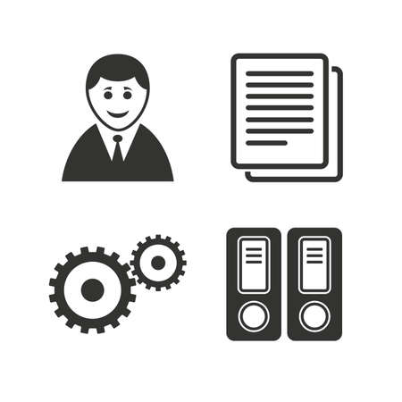 Accounting workflow icons. Human silhouette, cogwheel gear and documents folders signs symbols. Flat icons on white. Vectorのイラスト素材