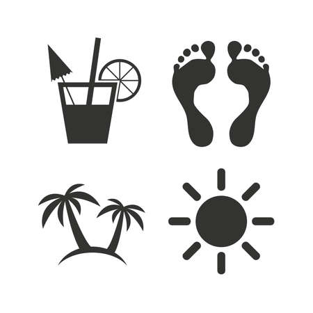 Beach holidays icons. Cocktail, human footprints and palm trees signs. Summer sun symbol. Flat icons on white. Vectorのイラスト素材