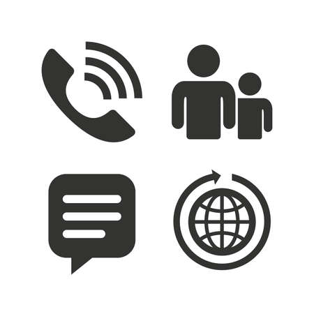 Group of people and share icons. Speech bubble and round the world arrow symbols. Communication signs. Flat icons on white. Vectorのイラスト素材