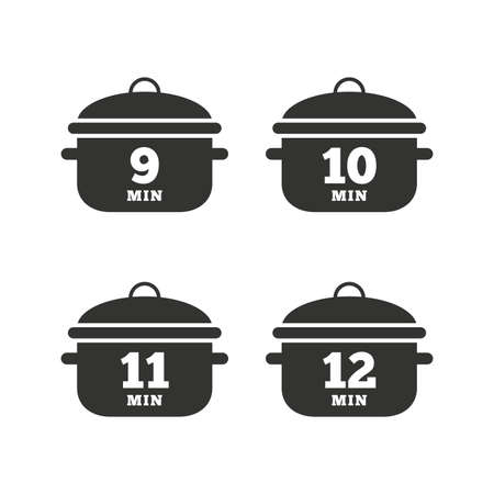 Cooking pan icons. Boil 9, 10, 11 and 12 minutes signs. Stew food symbol. Flat icons on white. Vectorのイラスト素材