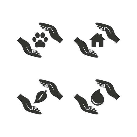 Hands insurance icons. Shelter for pets dogs symbol. Save water drop symbol. House property insurance sign. Flat icons on white. Vectorのイラスト素材