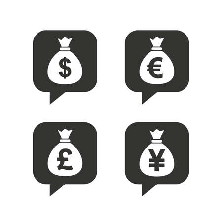Money bag icons. Dollar, Euro, Pound and Yen speech bubbles symbols. USD, EUR, GBP and JPY currency signs. Flat icons on white. Vectorのイラスト素材