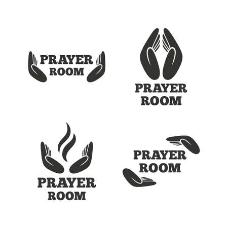 Prayer room icons. Religion priest faith symbols. Pray with hands. Flat icons on white. Vectorのイラスト素材